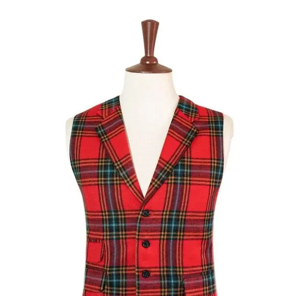 Mens 46R Red Blue Orange Wool Plaid Waistcoat Vest Formal Wedding Preppy Casual
